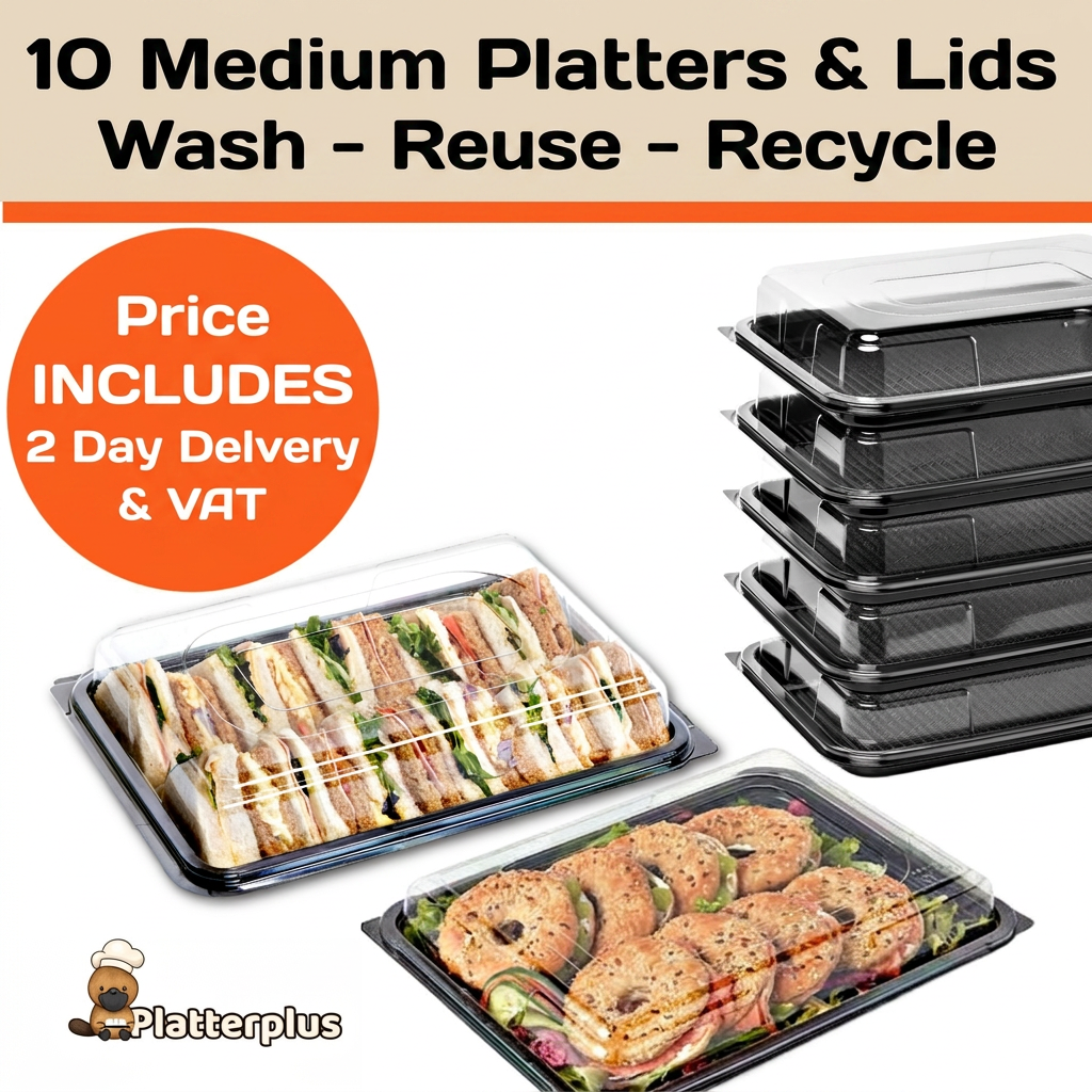 10 Medium Food Platter Trays + 10 Clear Lids - Platterplus