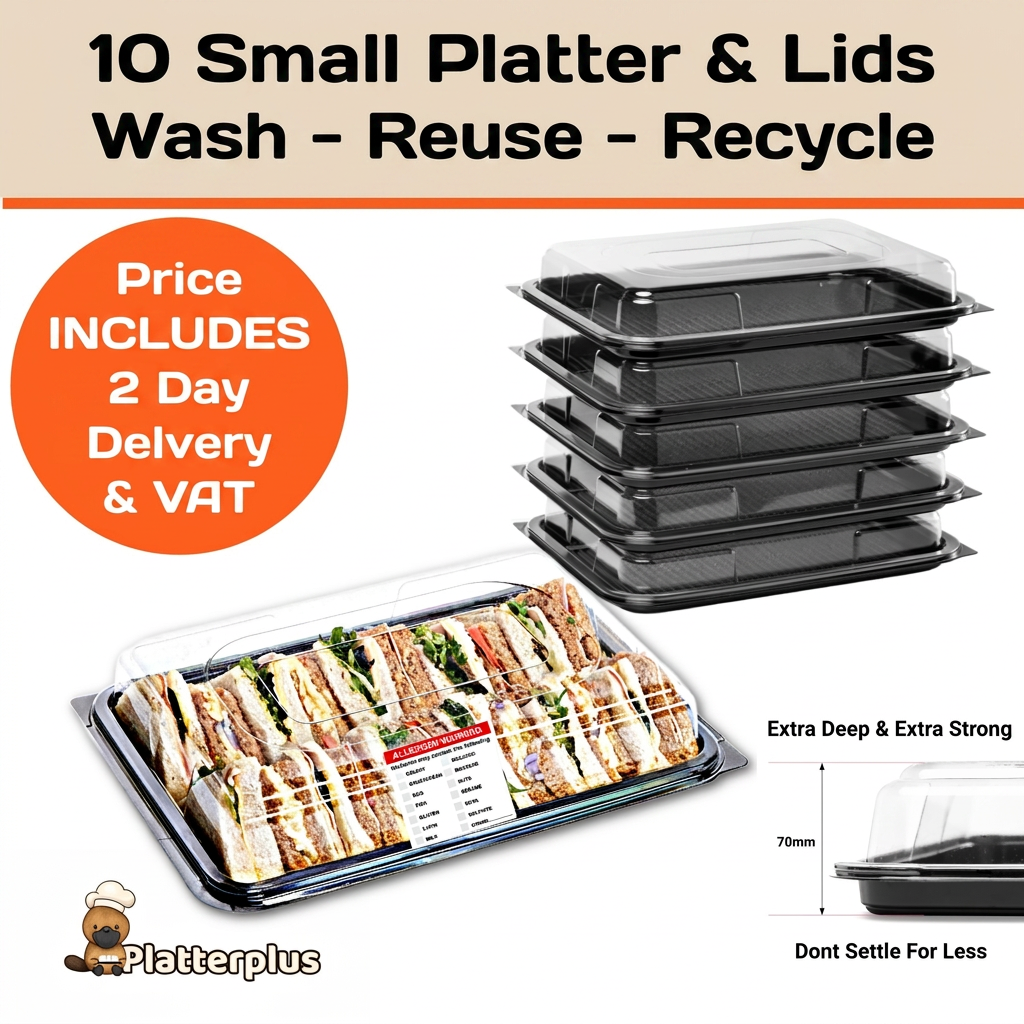 10 Small Party Platter Trays + 10 Clear Lids