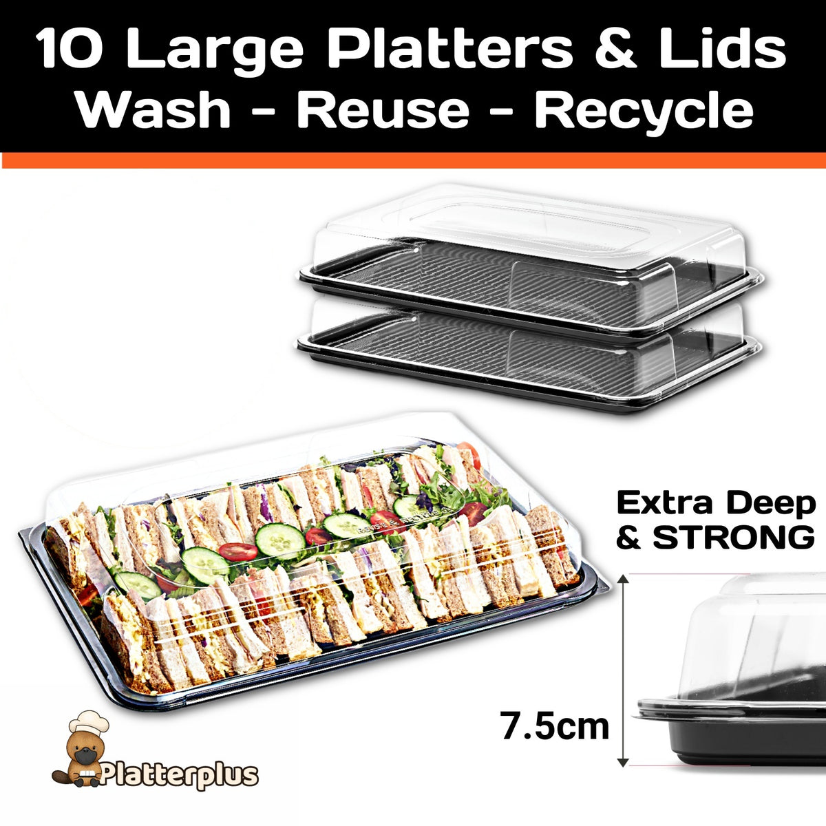 Set of 10 large Platterplus sandwich platters with deep lids, ideal for serving and storing sandwiches at events or gatherings.