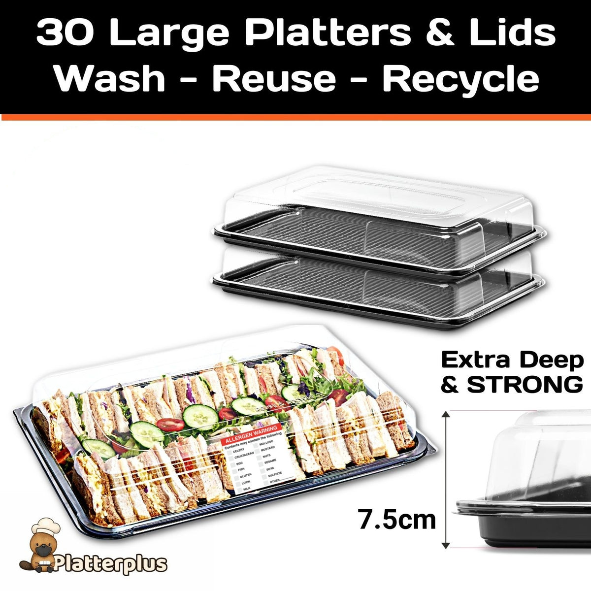 Set of 30 large sandwich platter trays with 30 clear, deep lids by Platterplus, ideal for serving and presentation.