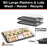 Set of 30 large sandwich platter trays with 30 clear, deep lids by Platterplus, ideal for serving and presentation.