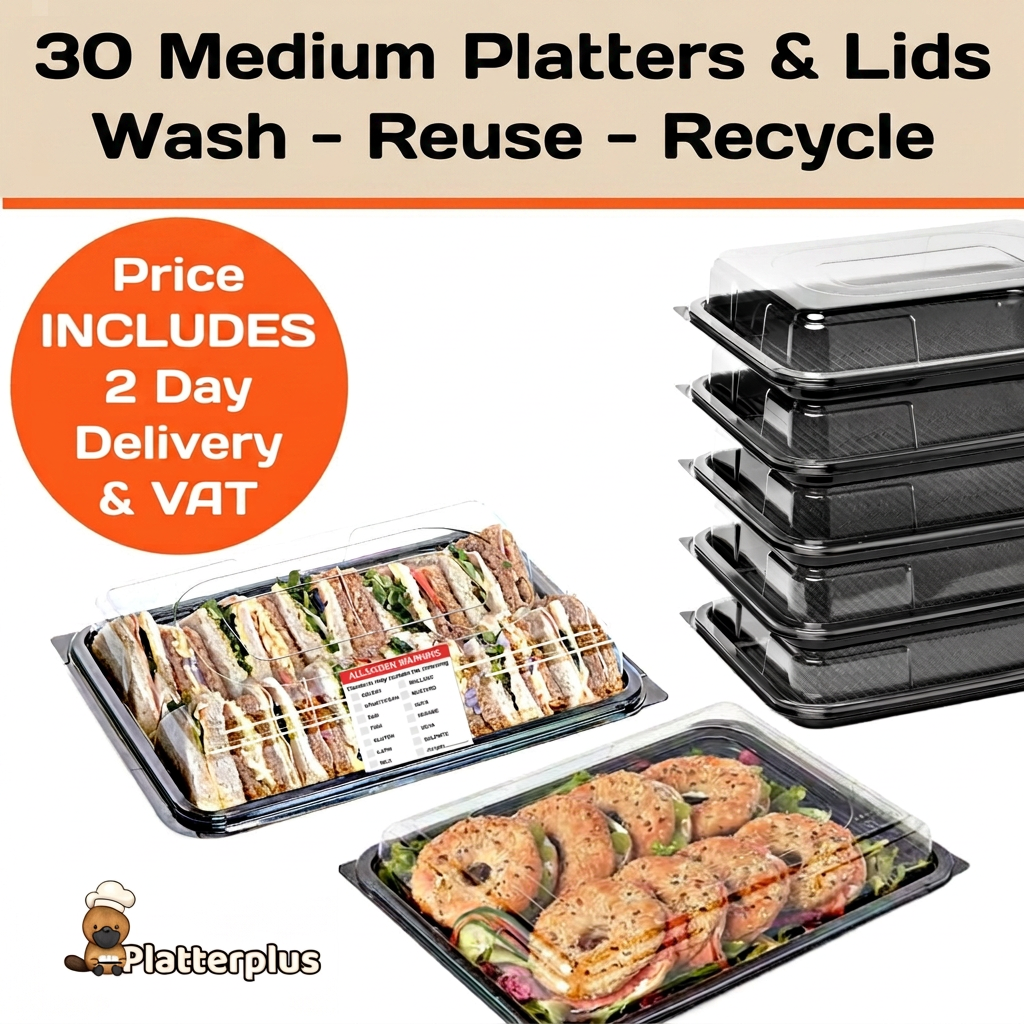 BIG VALUE - 30 Medium Black Buffet Platters + 30 Clear Lids