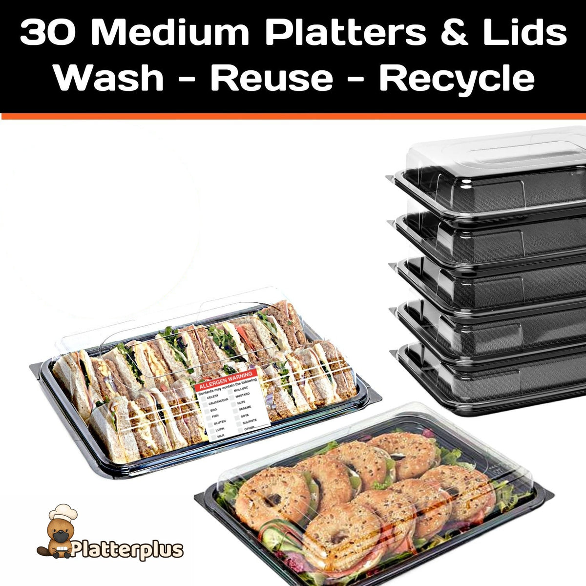 BIG VALUE - 30 Medium Black Buffet Platters + 30 Clear Lids
