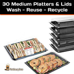 BIG VALUE - 30 Medium Black Buffet Platters + 30 Clear Lids