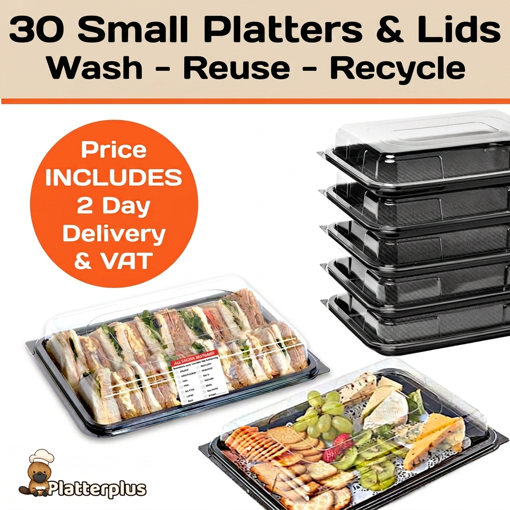 30 Small Black Buffet Platters + 30 Clear Lids Reusable & Recyclable