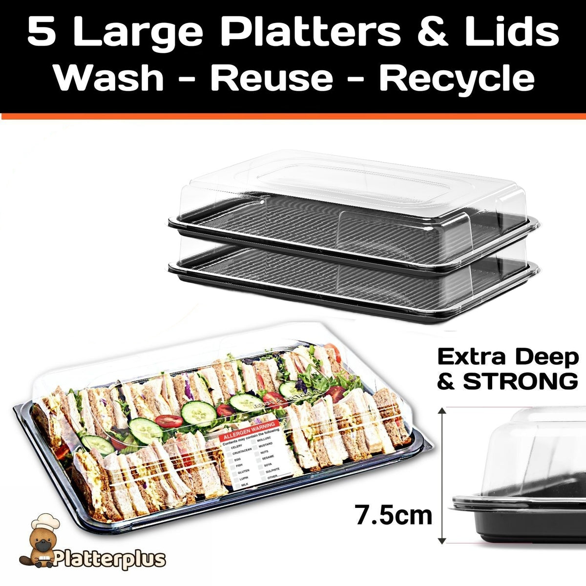 Five large black plastic food trays with clear lids shown on a white background, with text reading '5 Large Platters & Lids Wash - Reuse - Recycle,' 'Extra Deep & STRONG,' and a dimension marking of 7.5cm.