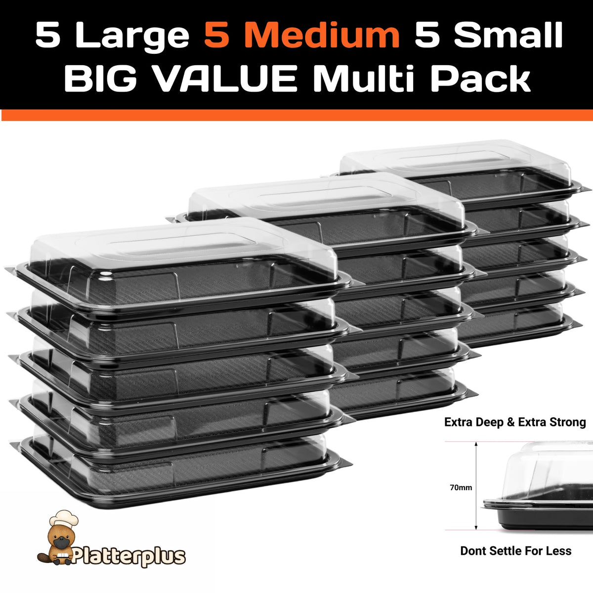 Set of 15 Platterplus party buffet platter trays with lids, including 5 large, 5 medium, and 5 small trays for catering.