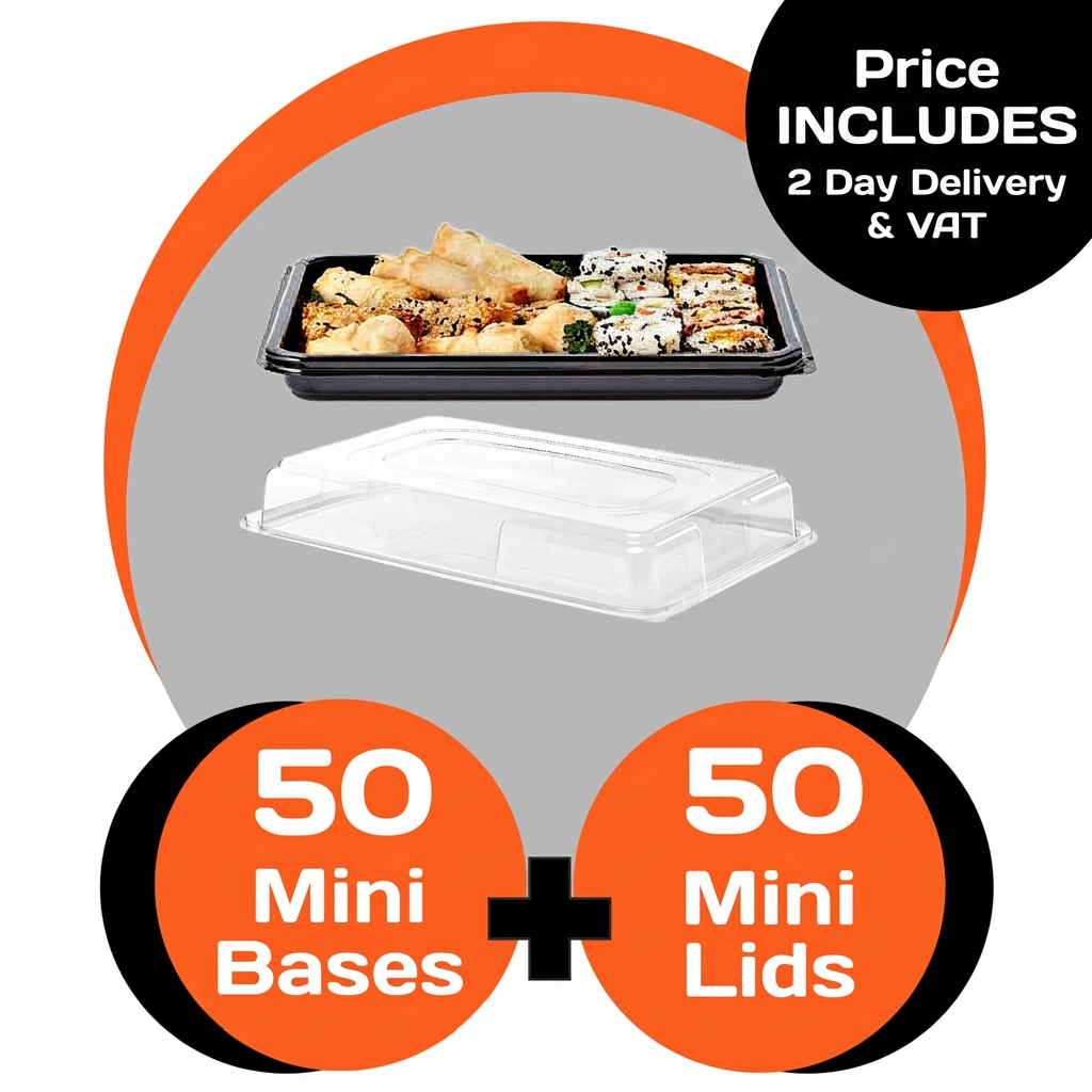 50 Mini Black Platter Bases + 50 Mini Clear Lids- BUMPER BOX