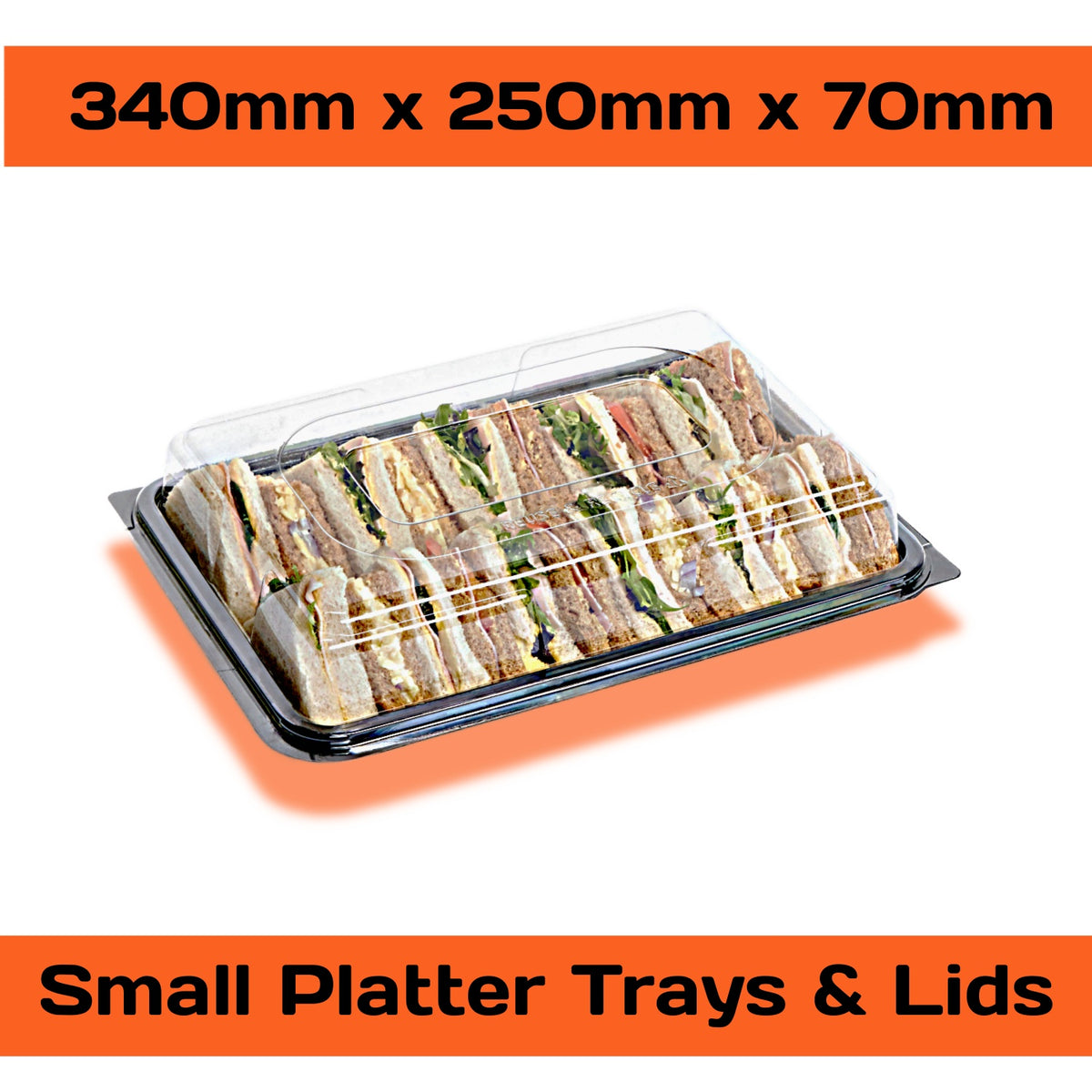 Set of 50 small eco-friendly catering platter bases with clear lids from Platterplus, ideal for serving small food portions.