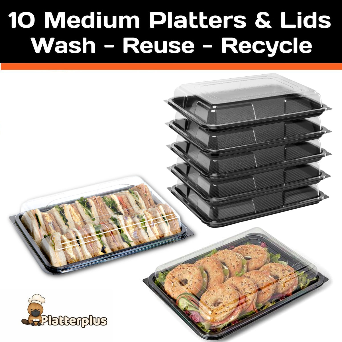 10 Medium Food Platter Trays + 10 Clear Lids - Platterplus