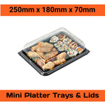 Set of 50 mini black platter bases with 50 clear plastic lids for small food servings, by Platterplus.