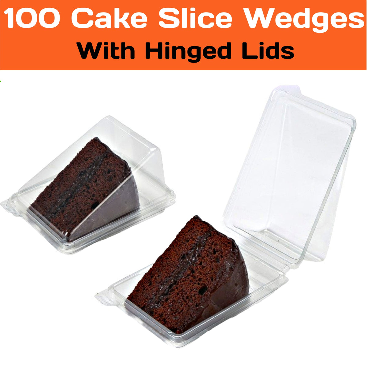 Set of 100 Platterplus cake wedge packs with hinged lids, cavity 110mm long, 85mm wide, and 60mm deep for cake storage.