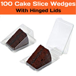 Set of 100 Platterplus cake wedge packs with hinged lids, cavity 110mm long, 85mm wide, and 60mm deep for cake storage.