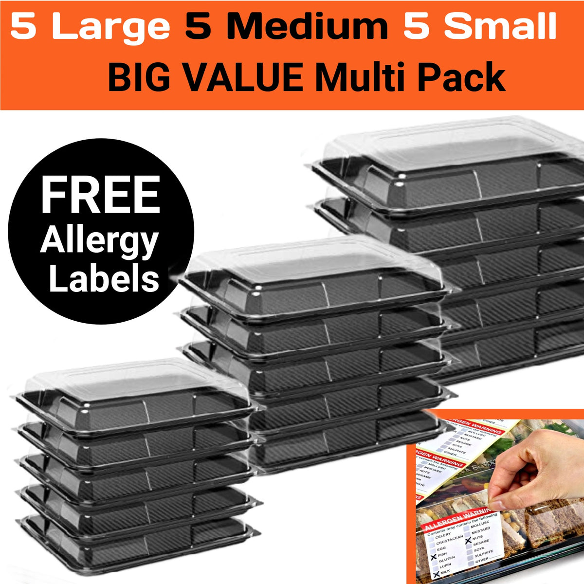 Set of 15 Platterplus party buffet platters with lids in large, medium, and small sizes, ideal for catering and gatherings.