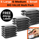 Set of 15 Platterplus party buffet platters with lids in large, medium, and small sizes, ideal for catering and gatherings.