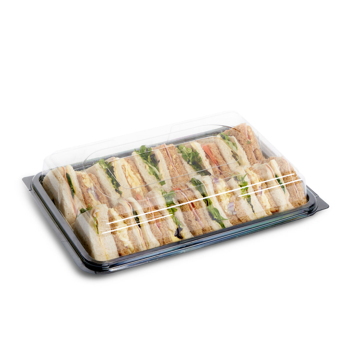 Set of 50 medium catering platter trays with clear lids in a bumper box, by Platterplus, ideal for food presentation and transport.