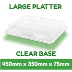 Set of 10 clear large base platters with matching clear lids and peelable allergy labels from Platterplus, ideal for food presentation.