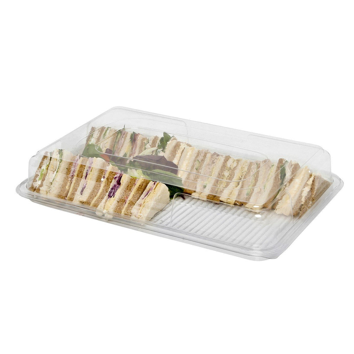 Set of 10 clear large base platters with matching lids and peelable allergy labels by Platterplus, perfect for food presentation.
