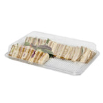 Set of 10 clear large base platters with matching lids and peelable allergy labels by Platterplus, perfect for food presentation.