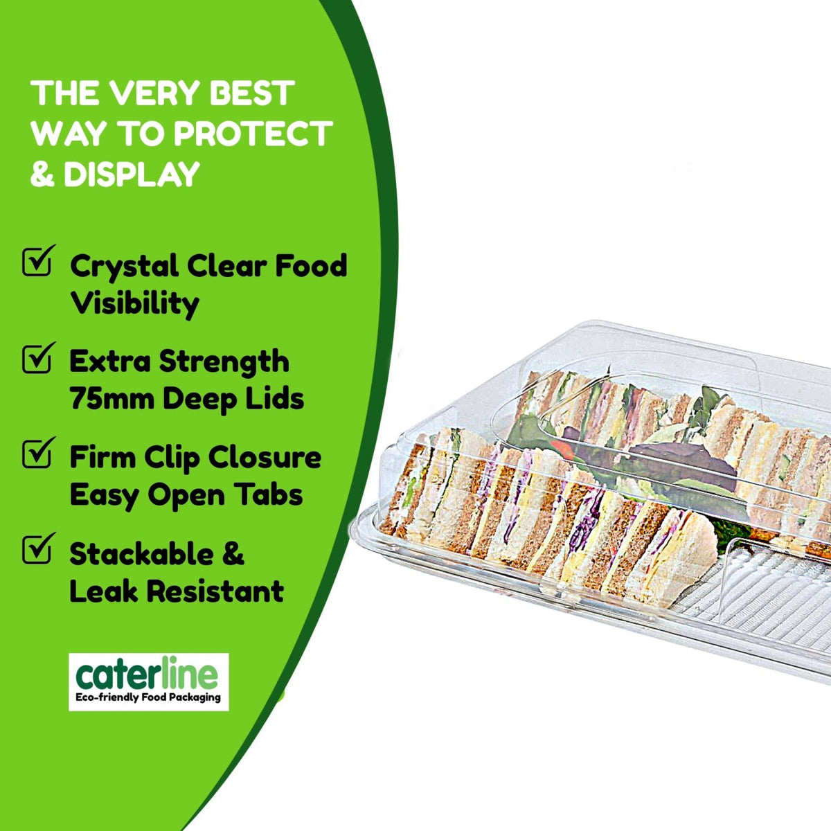 Set of 10 clear large base platters with matching clear lids, plus 10 peelable allergy labels from Platterplus.