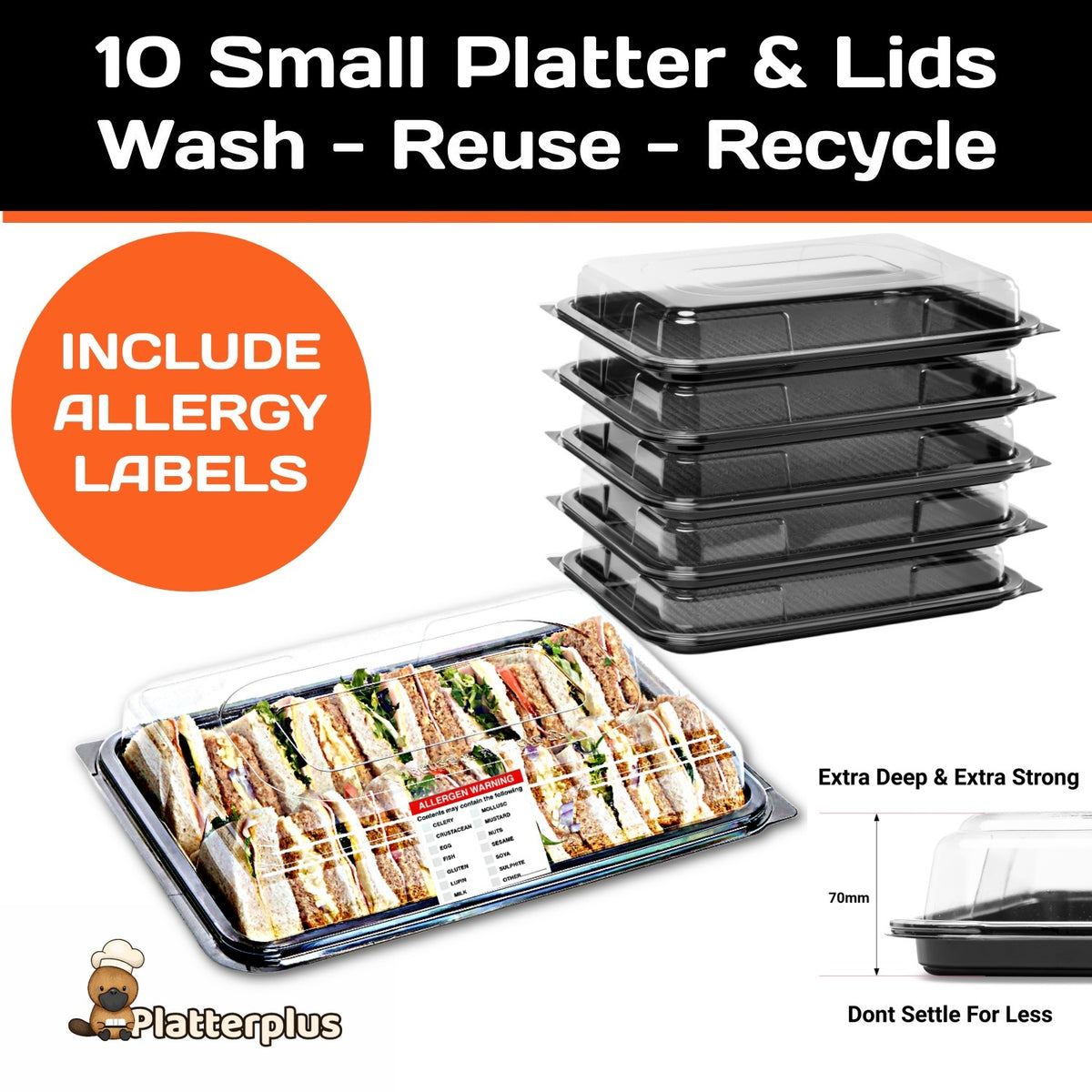 Set of 10 small Platterplus party platters with clear lids and allergy labels, ideal for serving snacks at gatherings.
