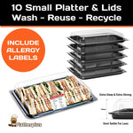 Set of 10 small Platterplus party platters with clear lids and allergy labels, ideal for serving snacks at gatherings.