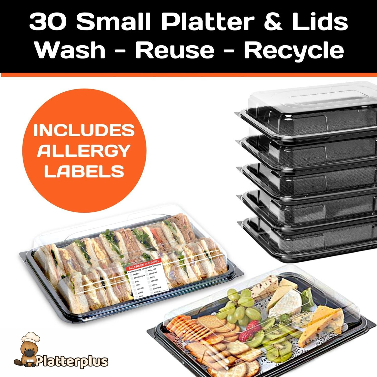 Set of 30 black buffet platters with clear reusable and recyclable lids by Platterplus, perfect for serving and presentation.