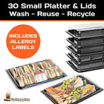 Set of 30 black buffet platters with clear reusable and recyclable lids by Platterplus, perfect for serving and presentation.