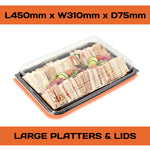Set of 15 Platterplus party buffet platters with lids, including 5 large, 5 medium, and 5 small trays for serving.
