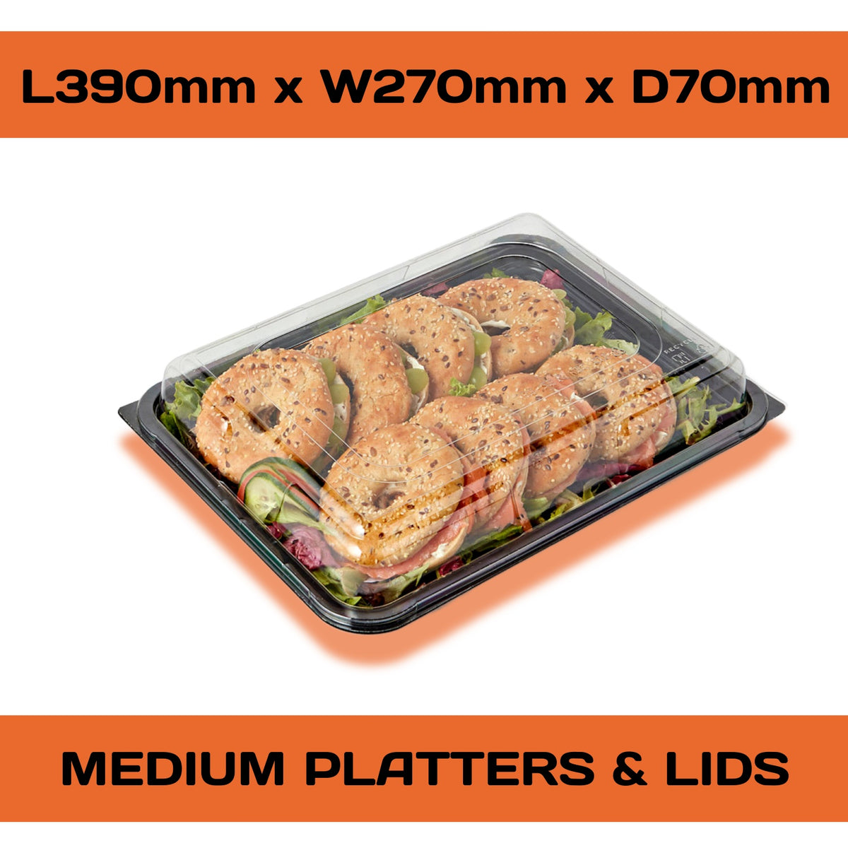 Set of 10 medium buffet platters with clear lids and allergy labels from Platterplus, ideal for serving food at gatherings.