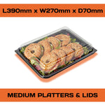 Set of 10 medium buffet platters with clear lids and allergy labels from Platterplus, ideal for serving food at gatherings.