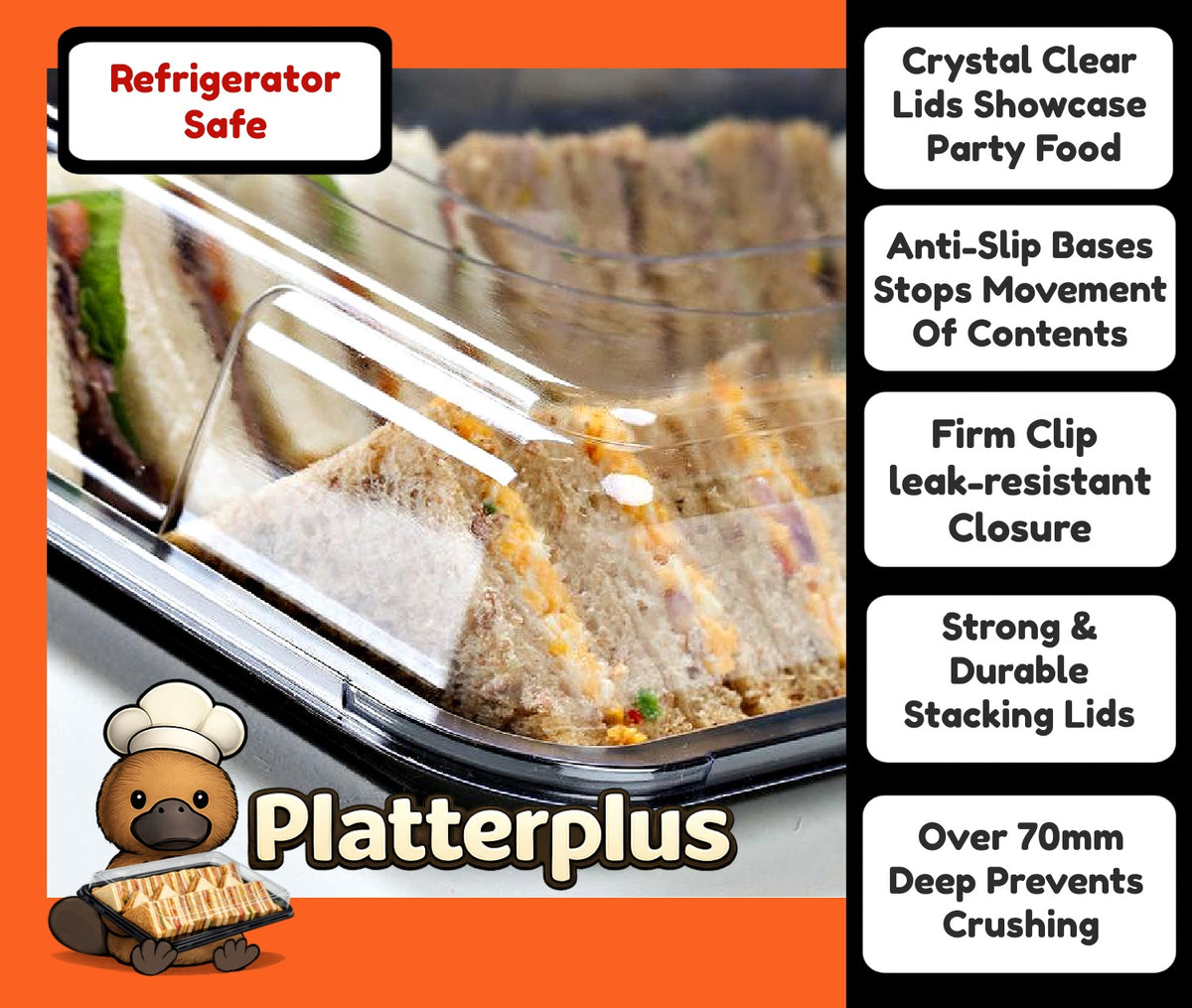 Set of 10 large Platterplus serving platters with clear lids and a free 6-cavity tray, perfect for catering and buffet presentation.