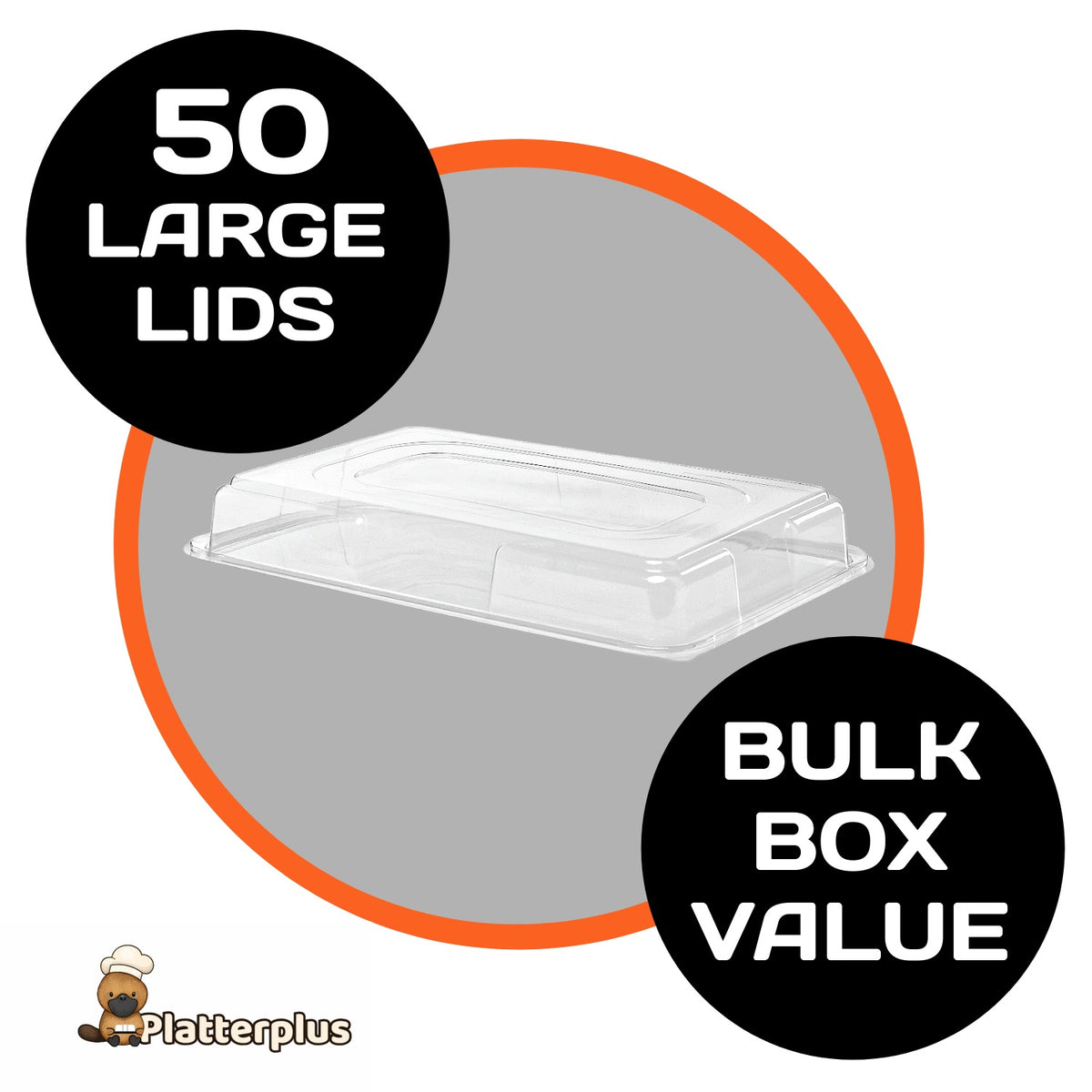 Set of 50 large clear sandwich platter lids by Platterplus designed to fit with Platterplus large platter bases.