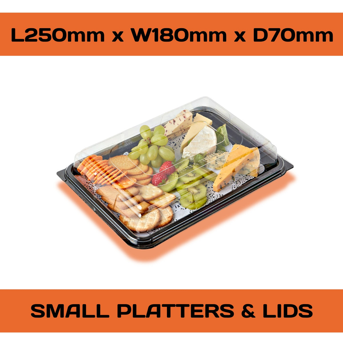 Set of 15 Platterplus buffet party platters with clear lids in large, medium, and small sizes for catering and food presentation.