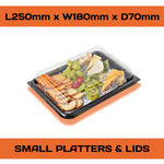 Set of 15 Platterplus buffet party platters with clear lids in large, medium, and small sizes for catering and food presentation.