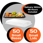 Set of 50 small eco-friendly catering platter bases with clear lids by Platterplus, ideal for food presentation and storage.