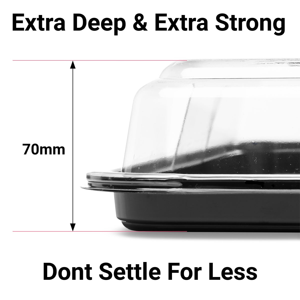 Set of 30 black buffet platters with clear reusable and recyclable lids by Platterplus, perfect for serving and food storage.