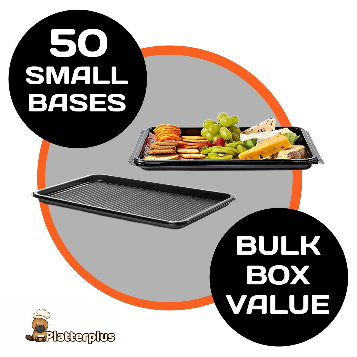 Set of 50 small platter bases from Platterplus, versatile for use alone or with small platter lids in a bulk pack.