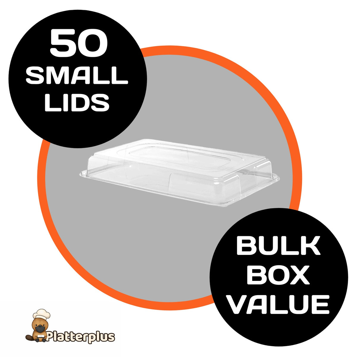 Set of 50 small platter lids from Platterplus, designed to fit small platter bases, ideal for bulk catering or food presentation.