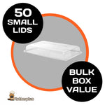 Set of 50 small platter lids from Platterplus, designed to fit small platter bases, ideal for bulk catering or food presentation.