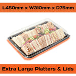 Set of 10 large serving platters with extra-large lids and a free 6-cavity tray by Platterplus for catering and food presentation.